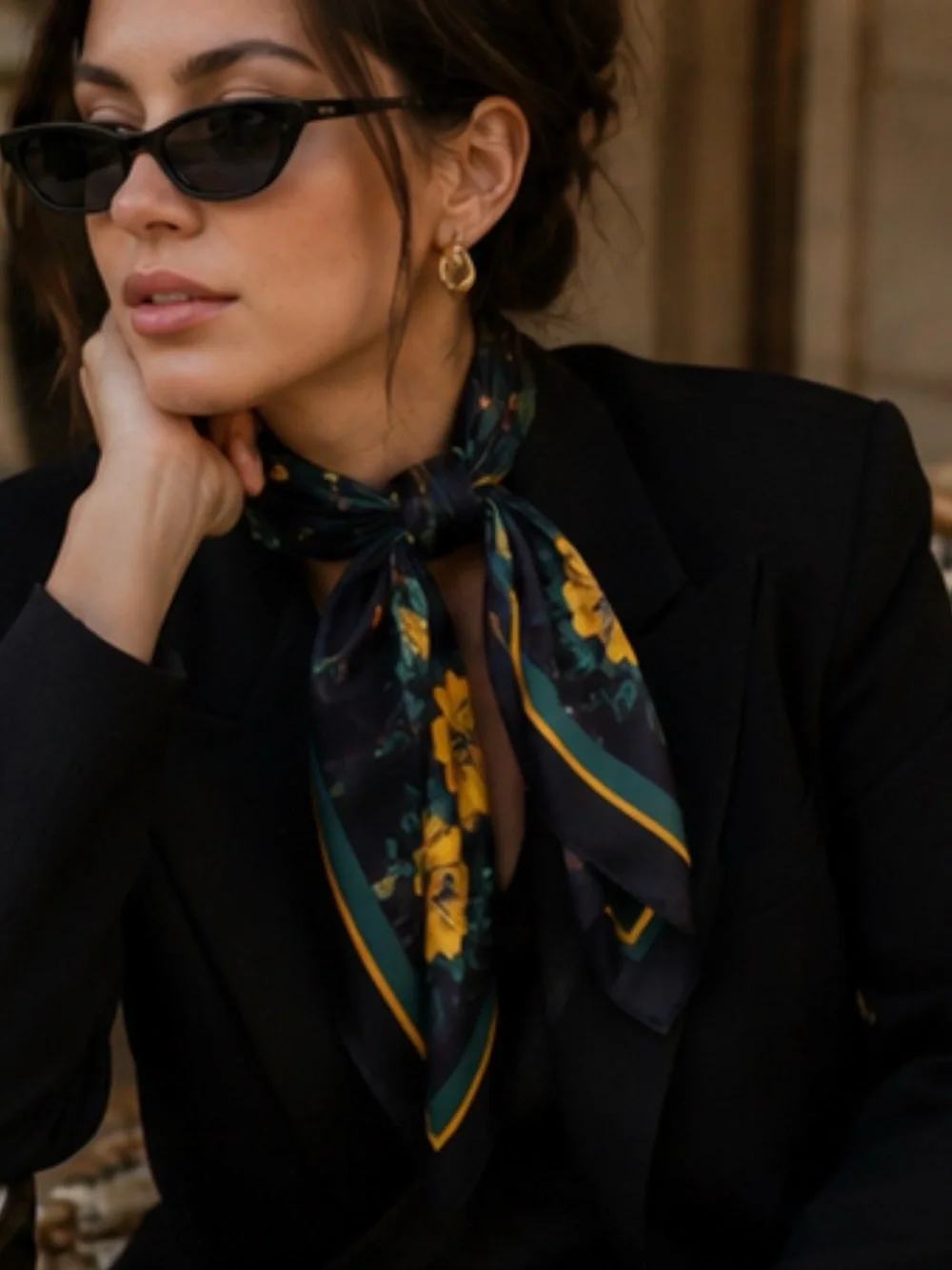 Navy Floral Silk-Look Neck Scarf with Yellow Blooms